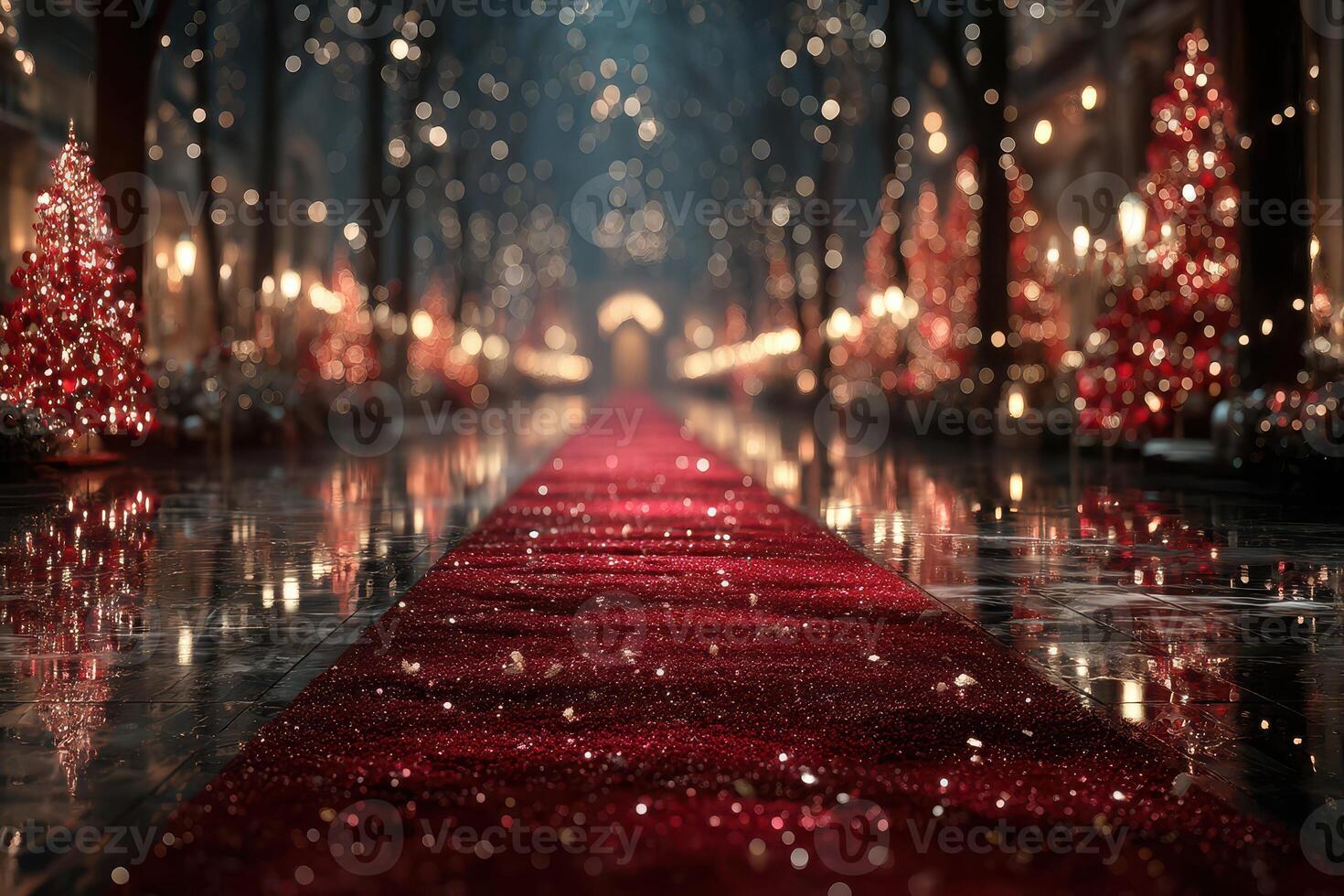 Elegant red carpet lined with shimmering Christmas trees at twilight during a festive celebration in a grand hall photo