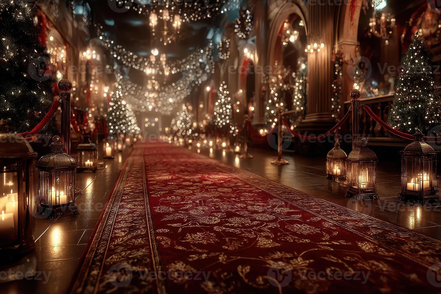 Elegant holiday event with glowing lanterns and Christmas decorations in a grand hall photo