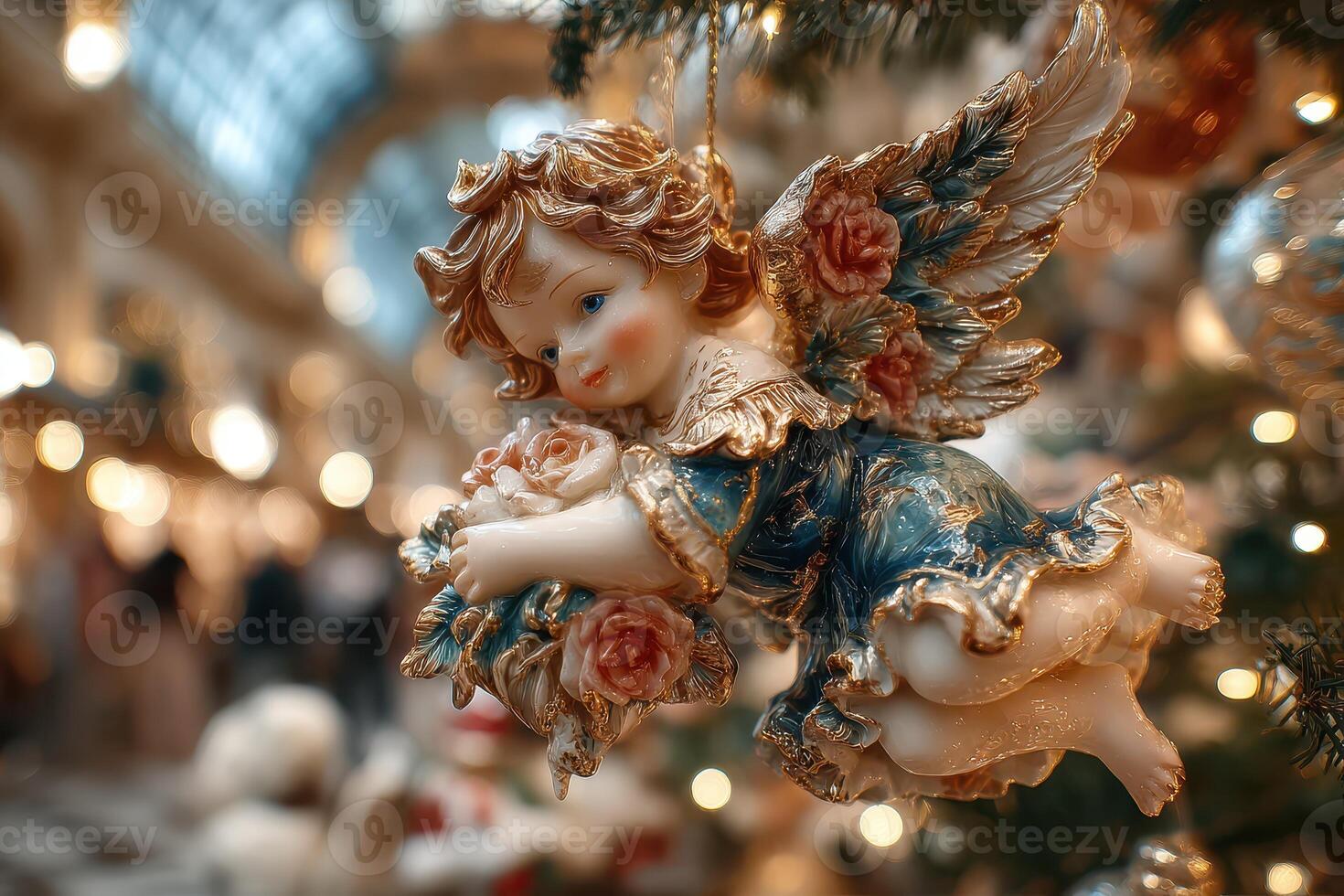 Beautiful angel ornament hangs on a Christmas tree in a festive shopping center decorated for the holiday season photo