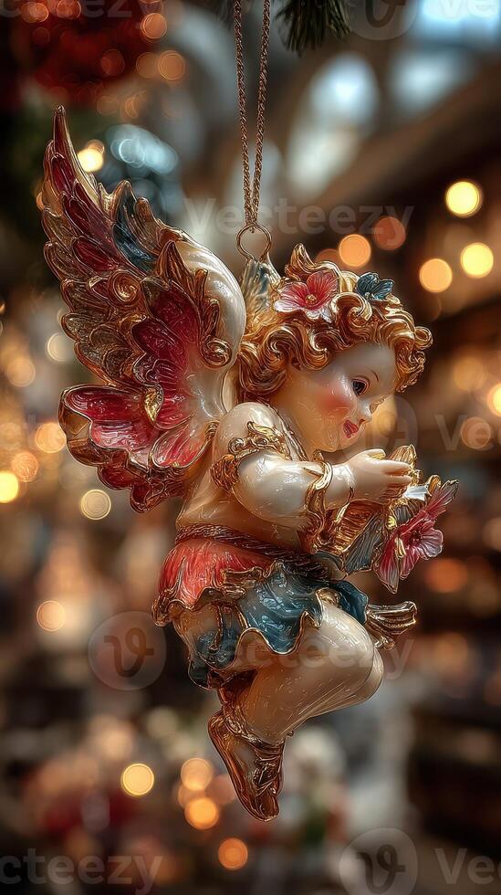Festive ornament featuring a cherubic figure holding a gift, captured in a holiday market setting photo