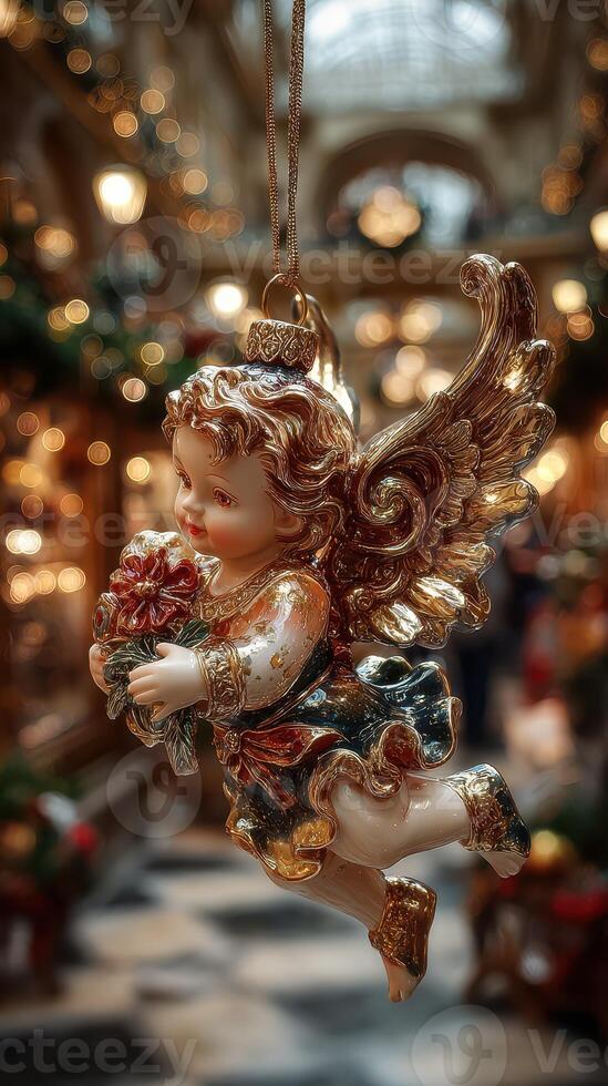 Decorative angel ornament holding flowers hangs in a festive market illuminated by warm lights photo