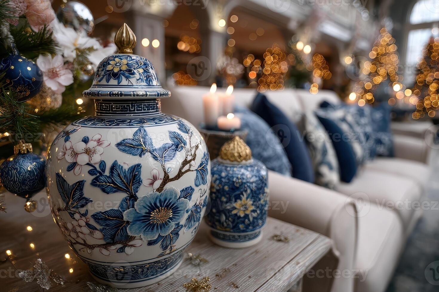 Decorative porcelain jars on a table in a cozy, elegantly decorated holiday living room with twinkling lights photo