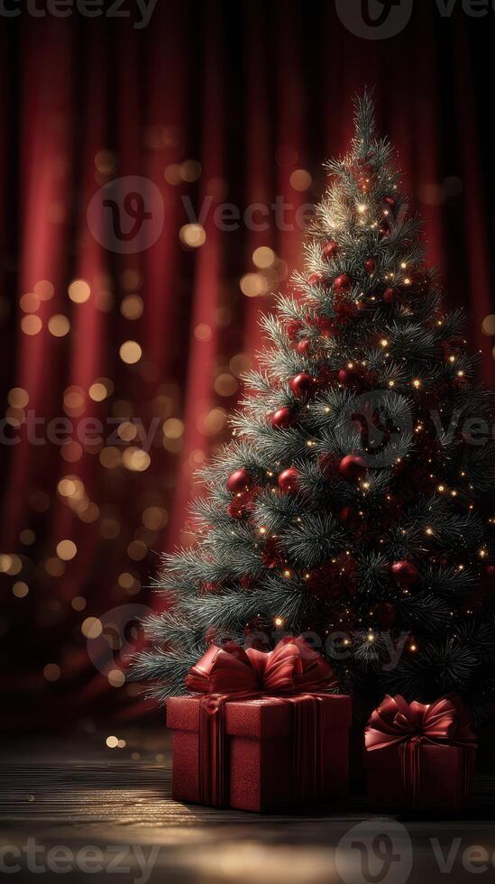 Beautifully decorated Christmas tree with presents in a cozy holiday setting photo