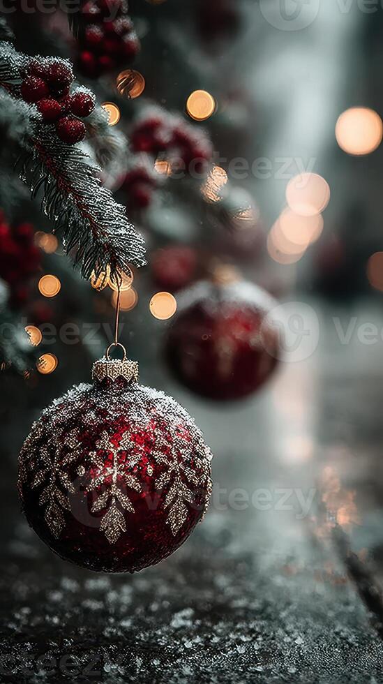 Decorative red Christmas ornament hanging on a snowy tree branch during a winter evening photo