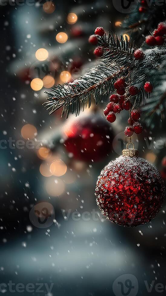 Festive decoration of a snow-covered Christmas tree with red ornaments and soft lights in a wintry setting photo