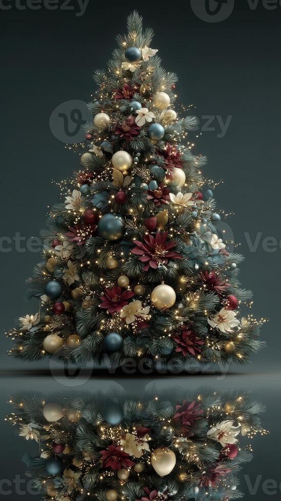 Colorful Christmas tree decorated with ornaments and flowers reflecting on the surface photo