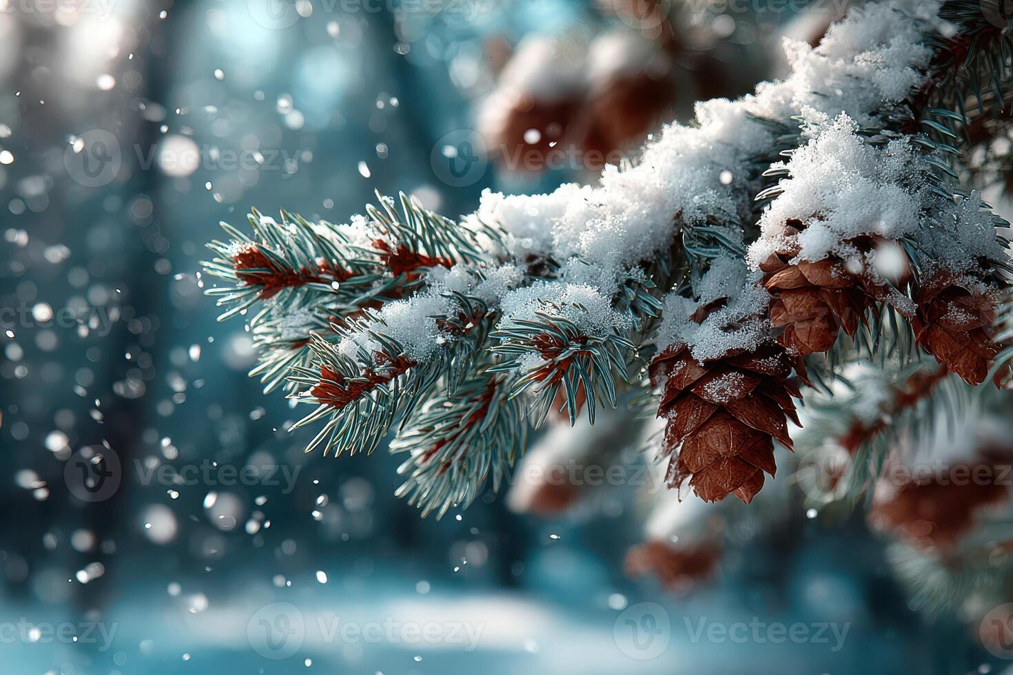 Snow-covered pine branch features cones in a serene winter forest during early morning light photo