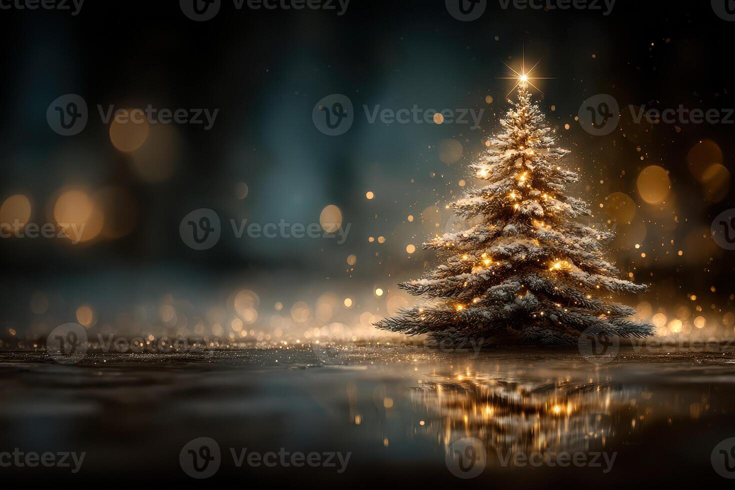Elegant Christmas tree adorned with lights and ornaments in a serene setting during the holiday season photo