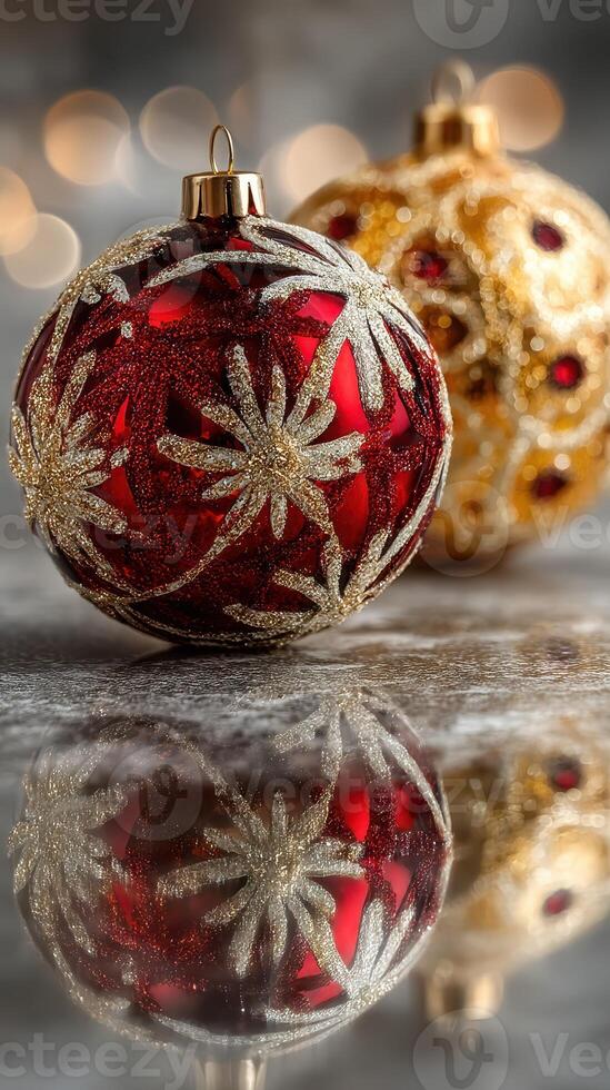 Brightly colored Christmas ornaments reflecting on a smooth surface during the holiday season photo