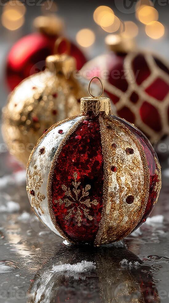 Christmas ornament decorated with red and gold design on reflective surface photo