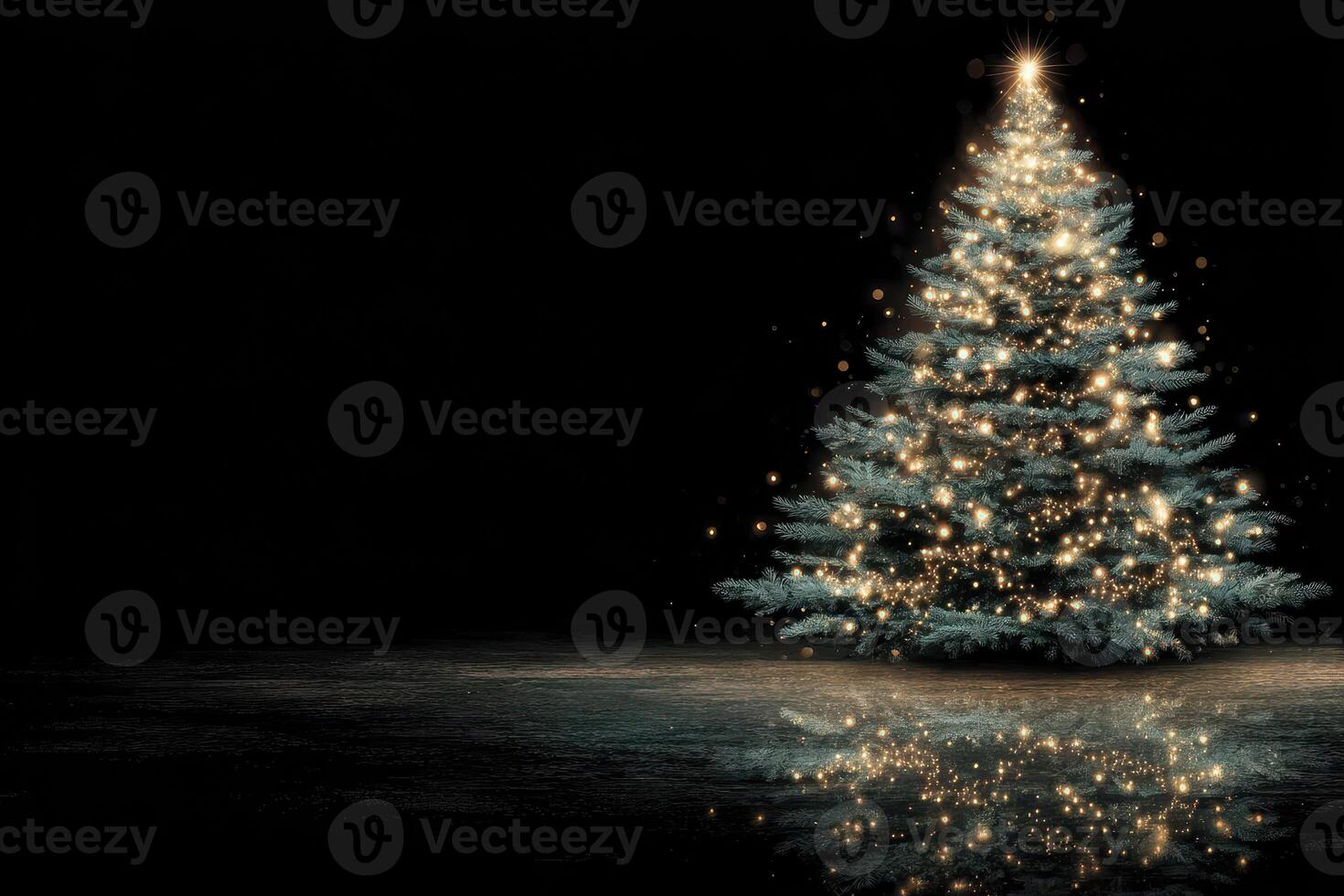 Brightly lit Christmas tree with reflection on glossy surface in dark room during the holiday season photo