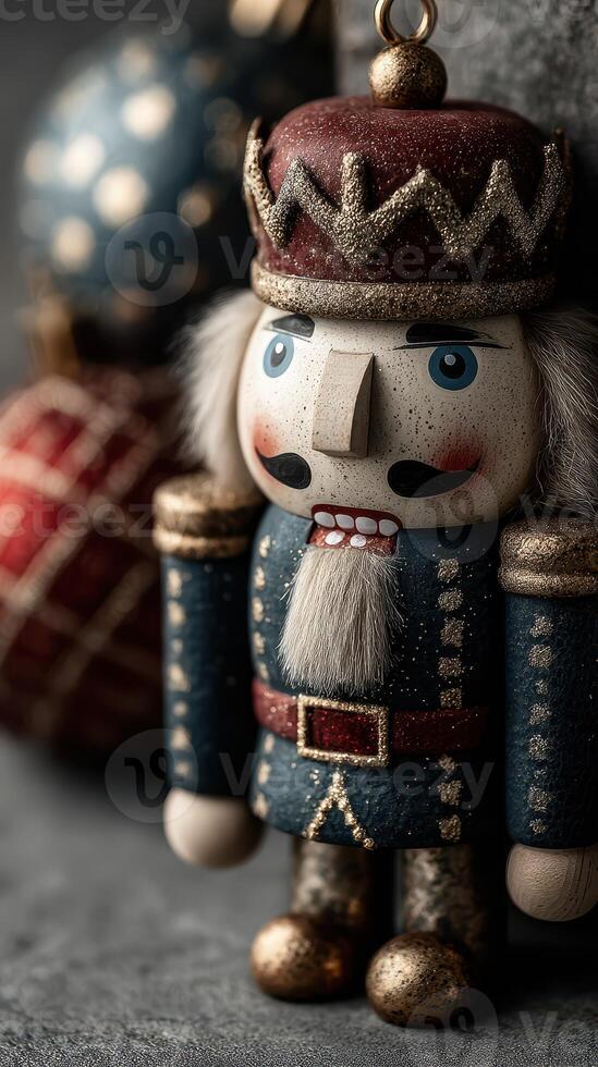 Colorful nutcracker figurine stands proudly beside festive ornaments during holiday season in a cozy indoor setting photo