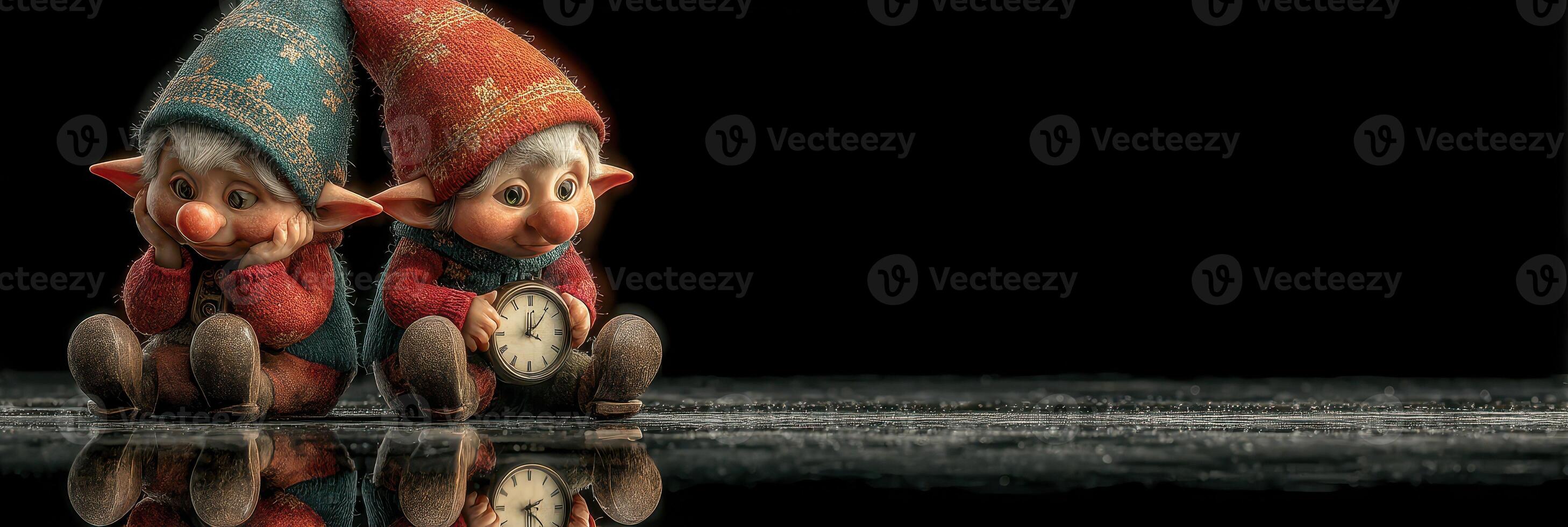 Two whimsical gnomes sitting together, one holding a clock while the other looks thoughtful in a cozy setting photo