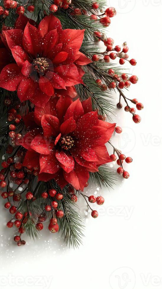 Red poinsettias and berries arranged in festive decor for winter celebrations photo