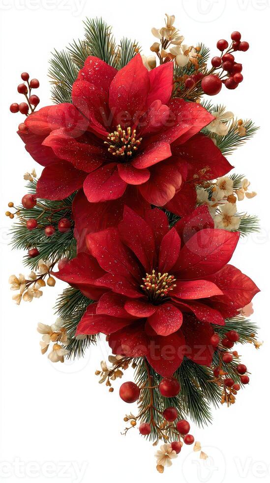 Beautiful red poinsettias with green foliage and decorative accents for holiday decor photo