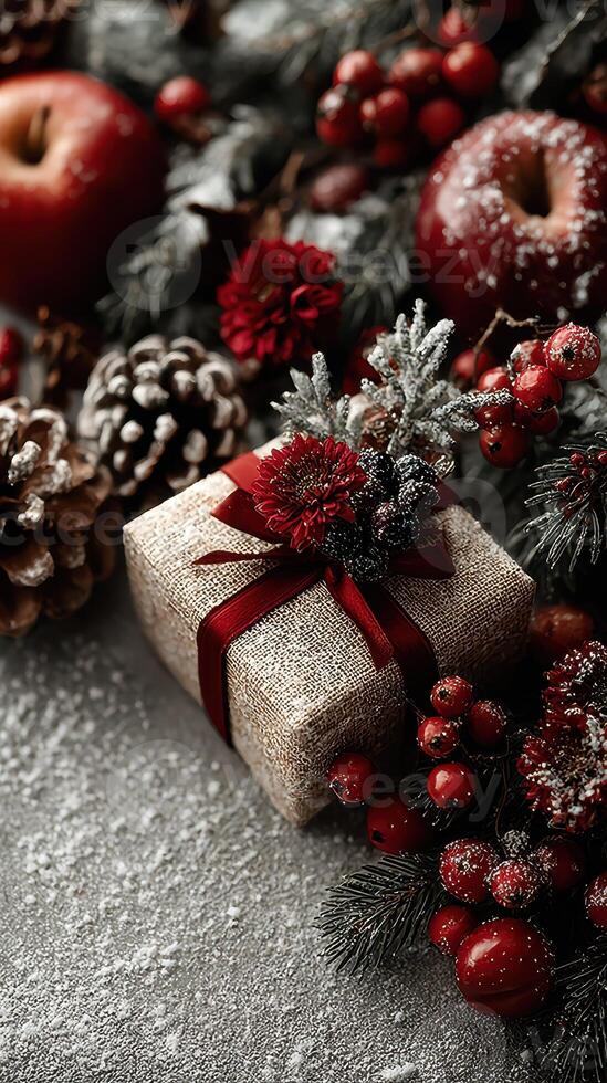 Elegant holiday gift wrapped in burlap with red flowers and decorative elements on a festive table photo