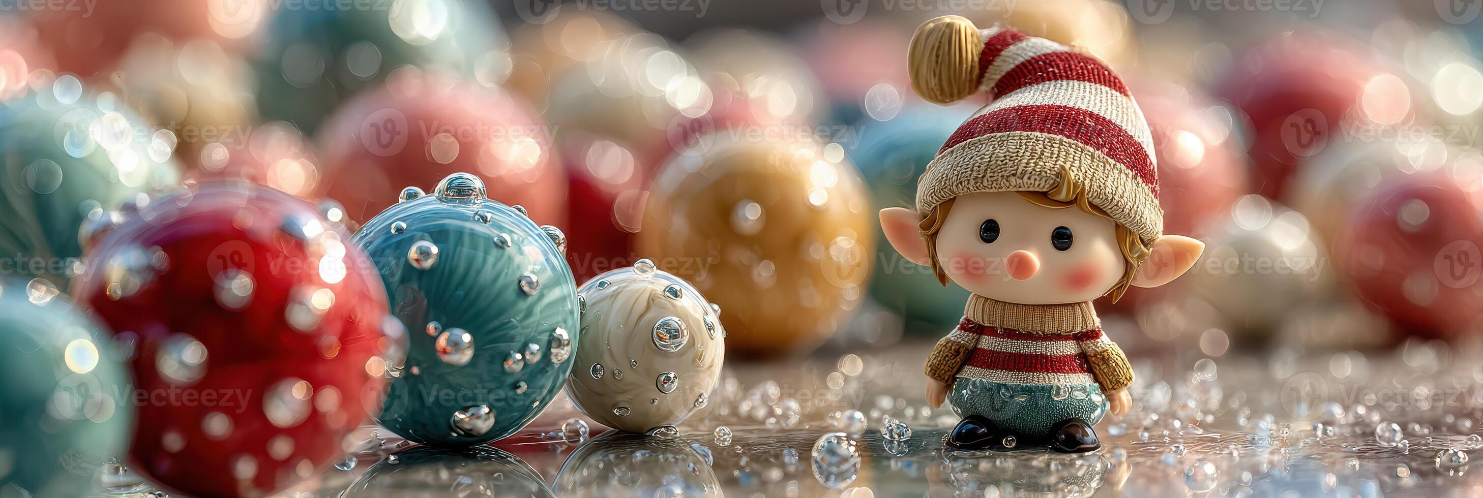 Charming elf figurine surrounded by colorful baubles on festive surface photo
