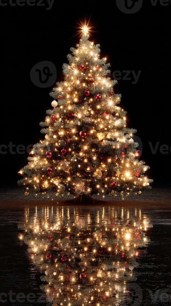 Beautifully decorated Christmas tree with lights and ornaments glowing in the dark reflecting on the floor photo