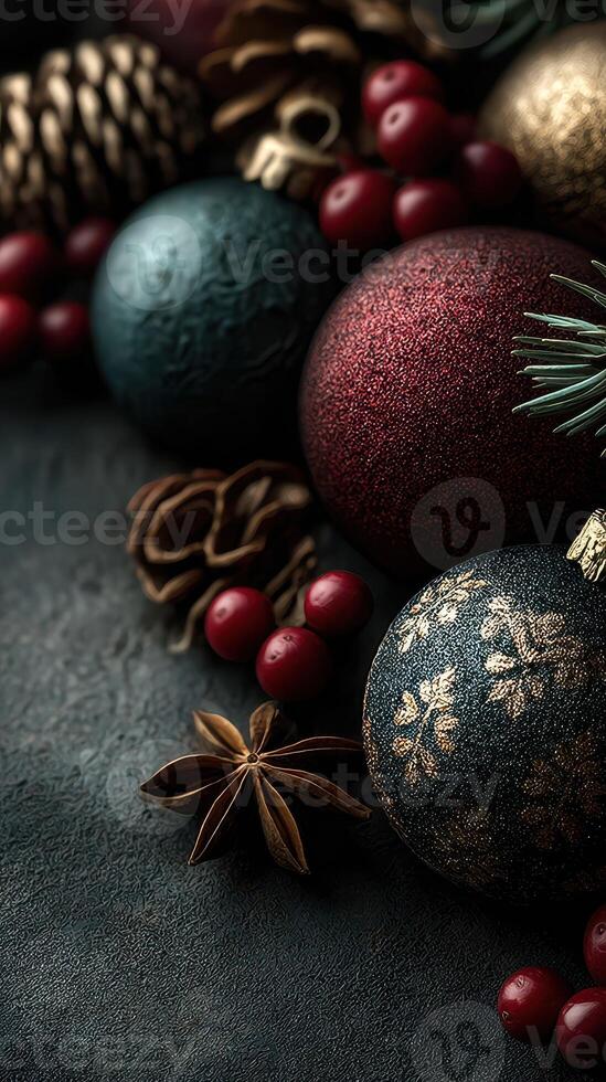 Festive decorations with shiny ornaments, pinecones, and aromatic spices arranged on dark textured surface during the holiday season photo