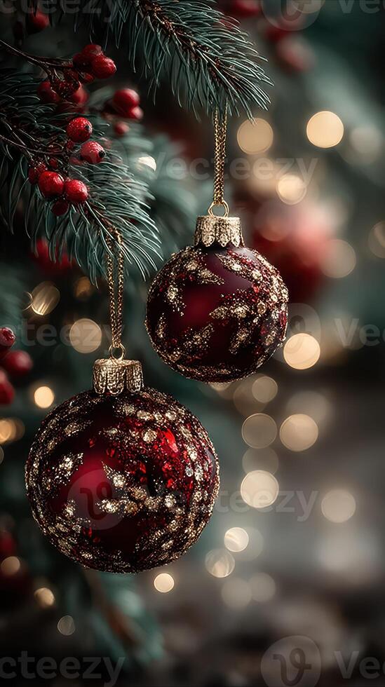 Beautiful Christmas ornaments hanging from a pine tree branch with soft bokeh lights in the background photo