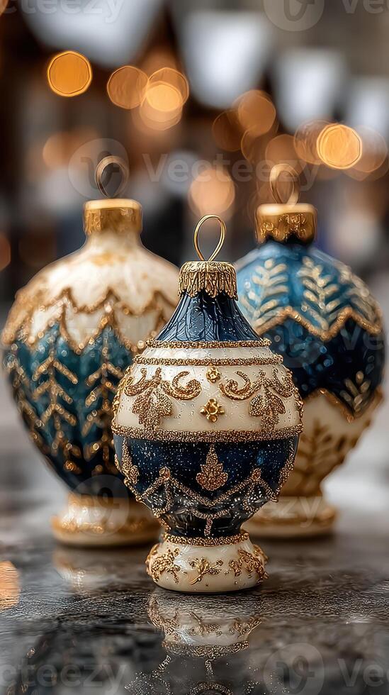 Festive decorative ornaments with intricate designs displayed on a table during winter celebrations photo