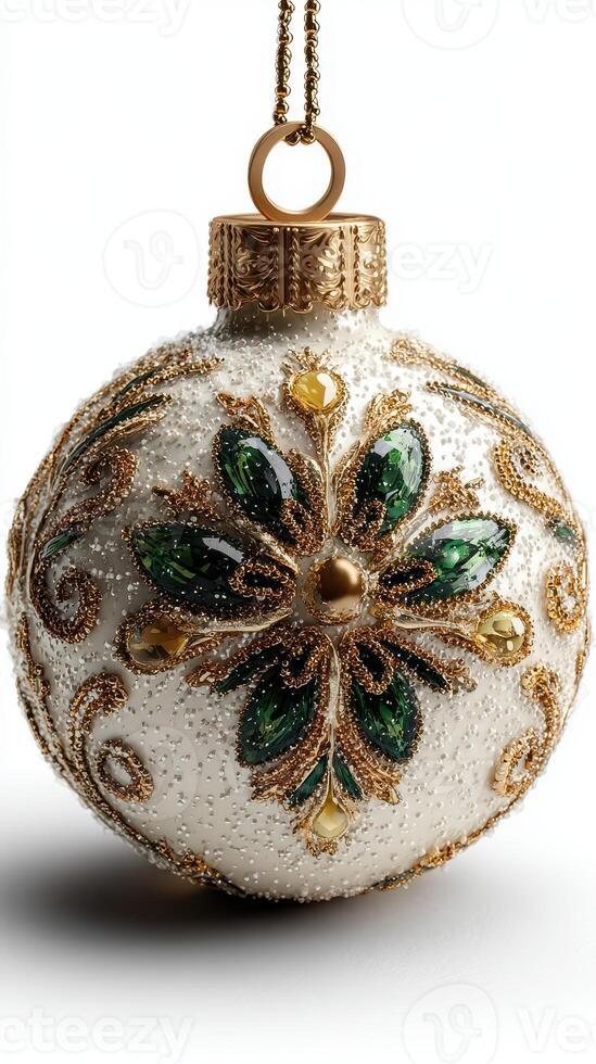 Intricately designed holiday ornament with golden accents and green gemstones crafted for festive celebrations photo
