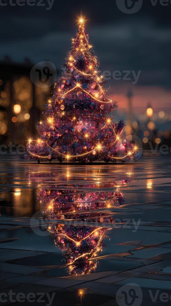 Christmas tree adorned with lights reflects beautifully on wet pavement during twilight photo