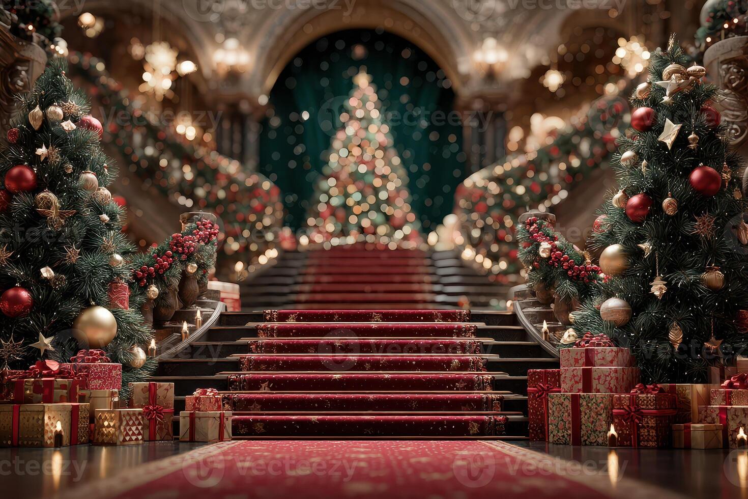 Elegant Christmas staircase decorated with trees and gifts in a festive setting photo