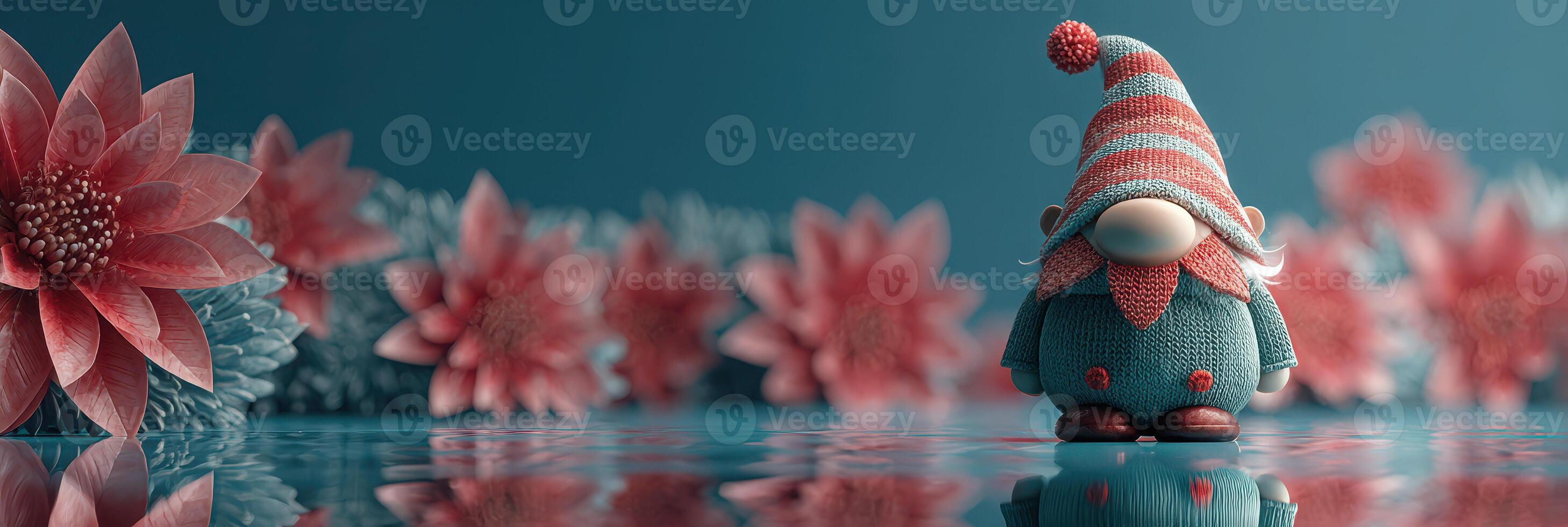 Colorful gnome figurine surrounded by blooming flowers on a reflective surface in a serene setting photo