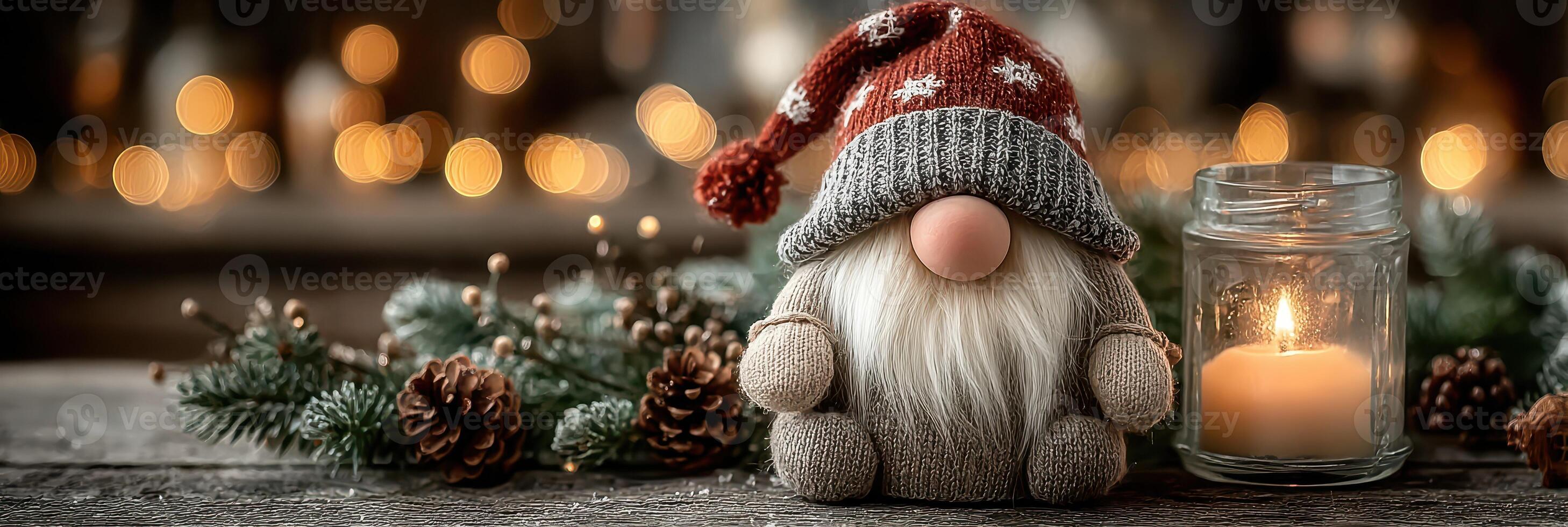 Cozy holiday decoration featuring a gnome, candle, and pinecones in a softly lit setting photo