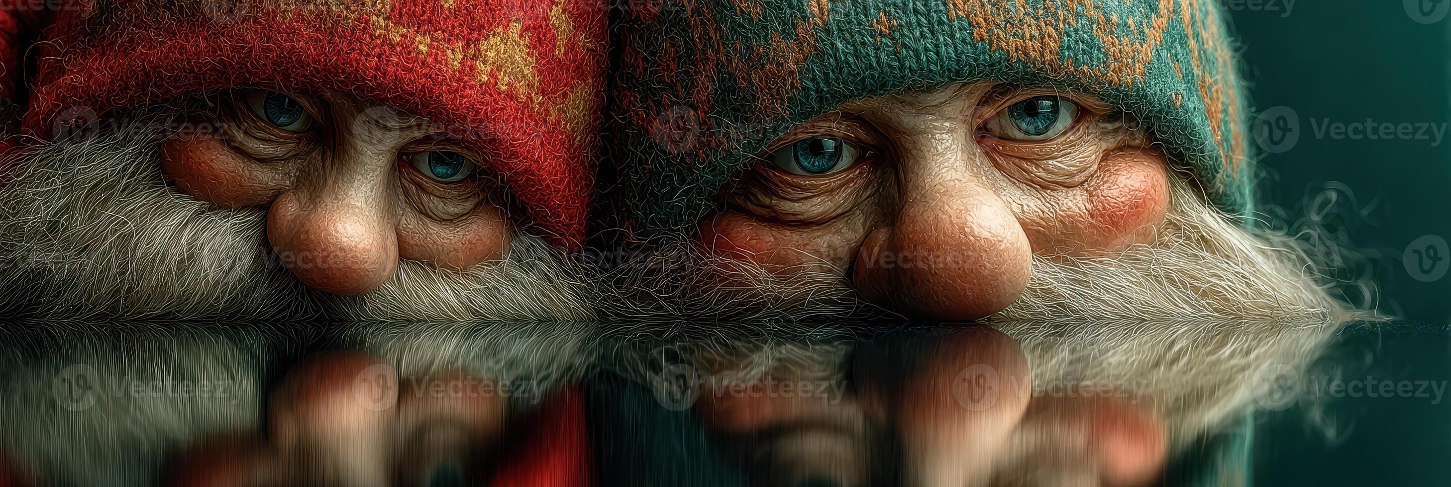 Two elderly gnomes with bushy beards in colorful hats reflecting on a calm surface in a cozy environment photo