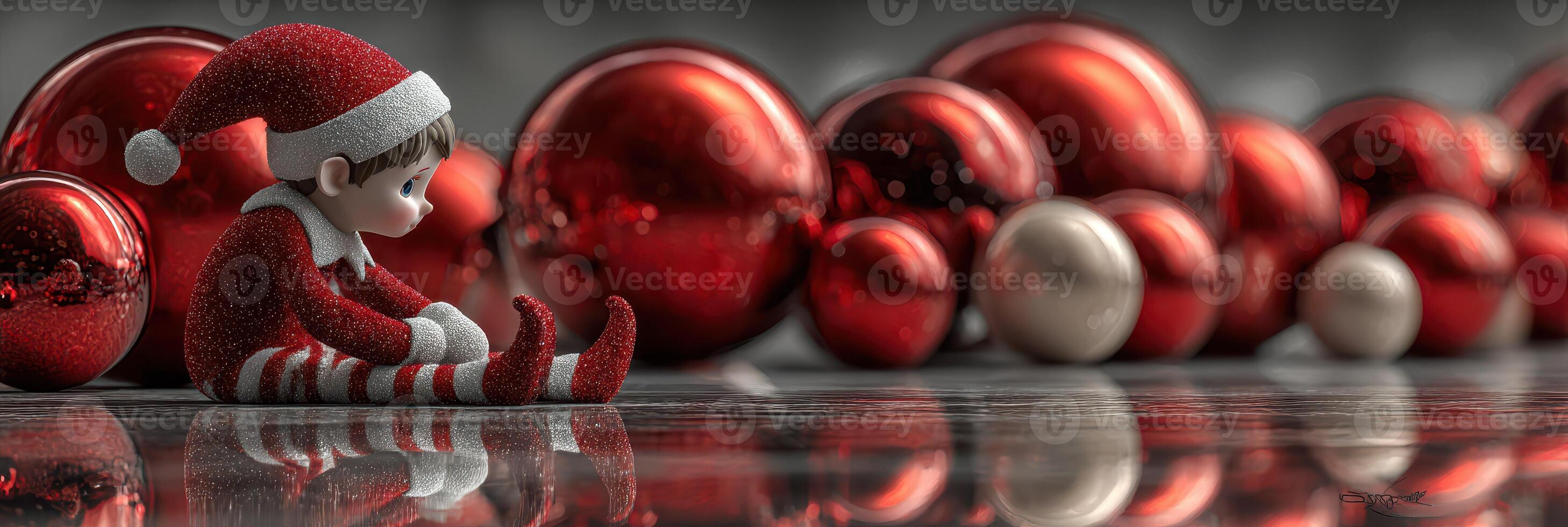 Sweet elf sits among shiny red ornaments during a festive celebration in a cozy indoor space photo