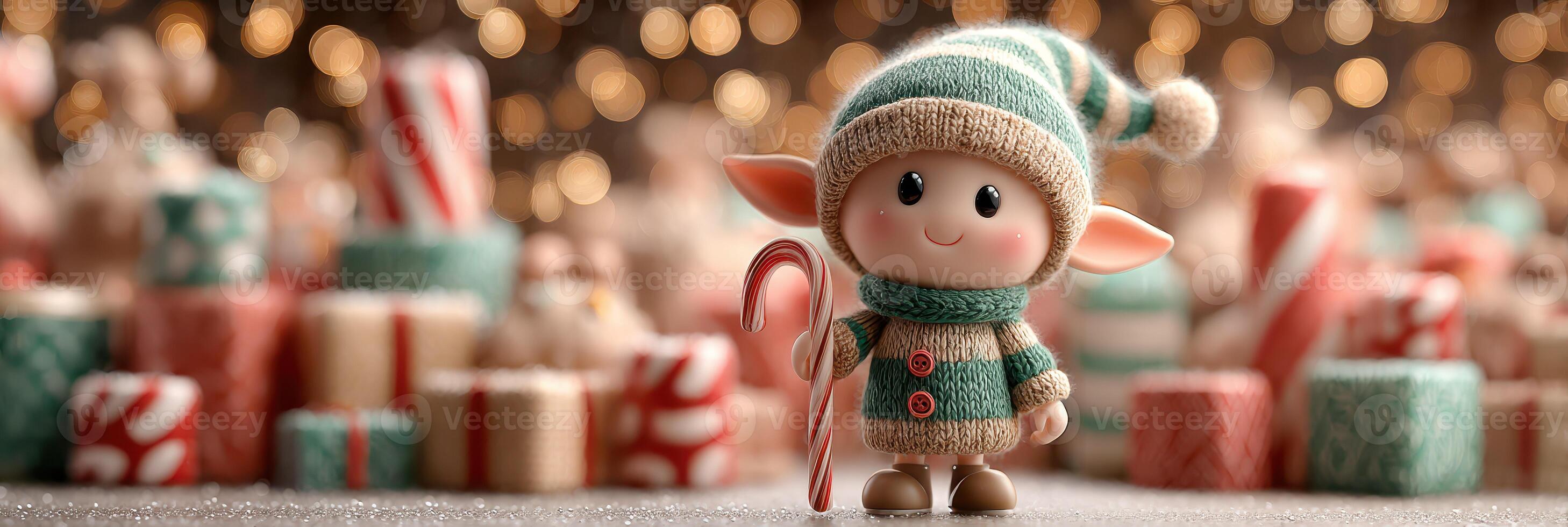 Charming holiday elf with a candy cane amidst beautifully wrapped presents and soft glowing lights photo