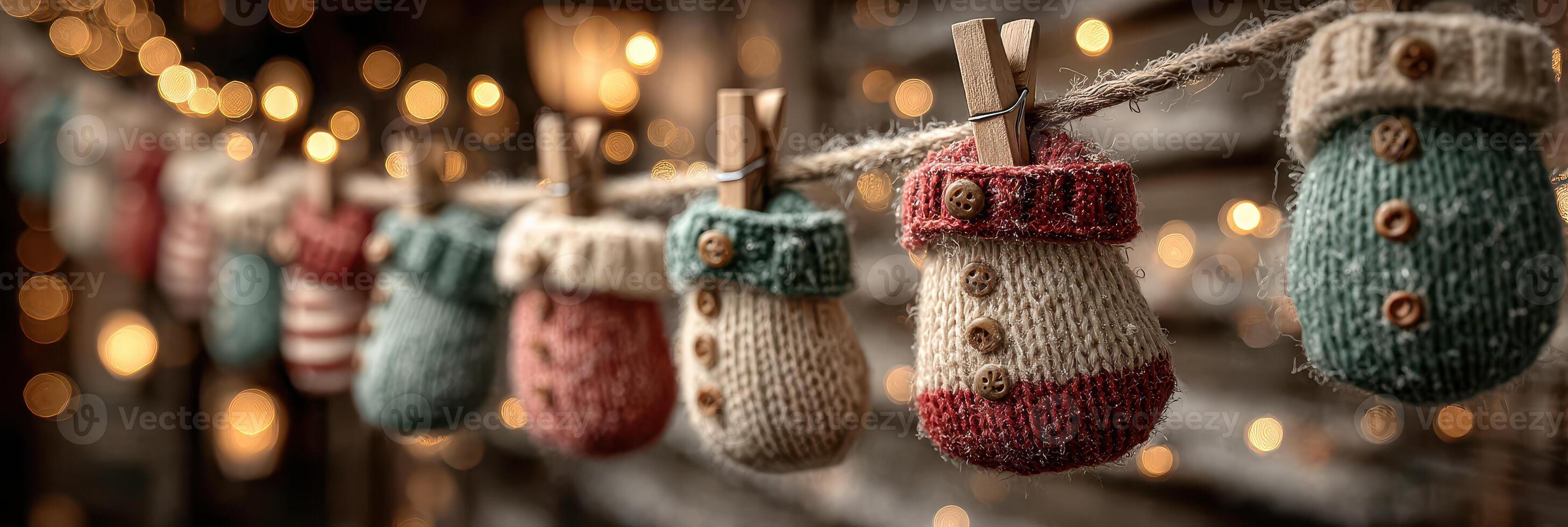 Colorful knitted mittens hanging on a clothesline against a backdrop of warm holiday lights in a rustic setting photo