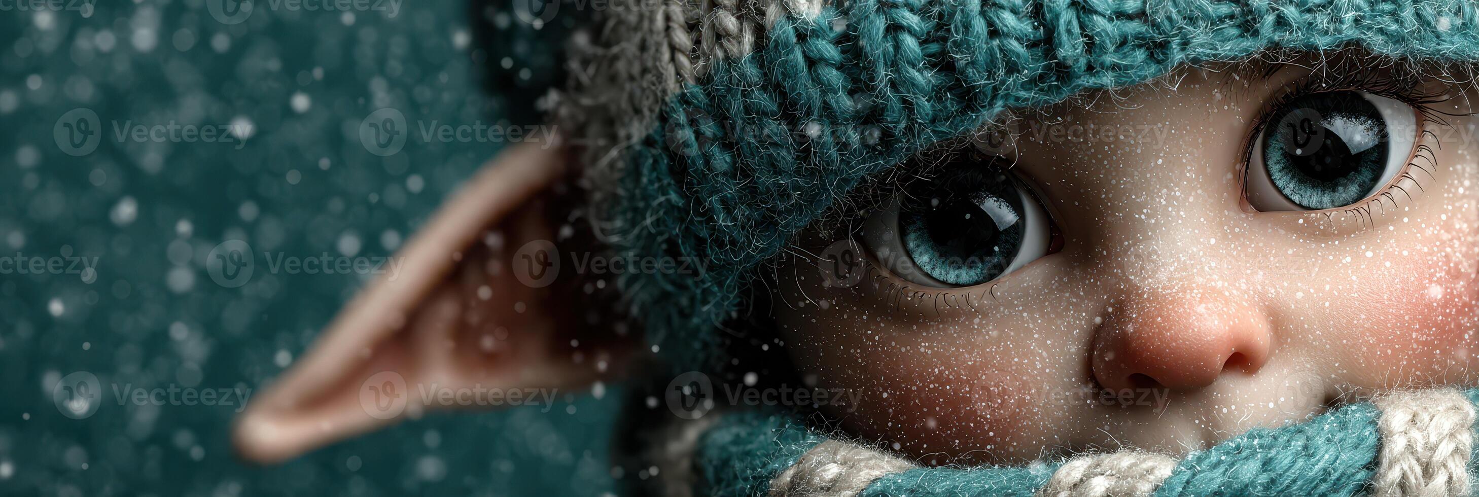 Cute winter elf child with big blue eyes wearing hat and scarf in snow photo