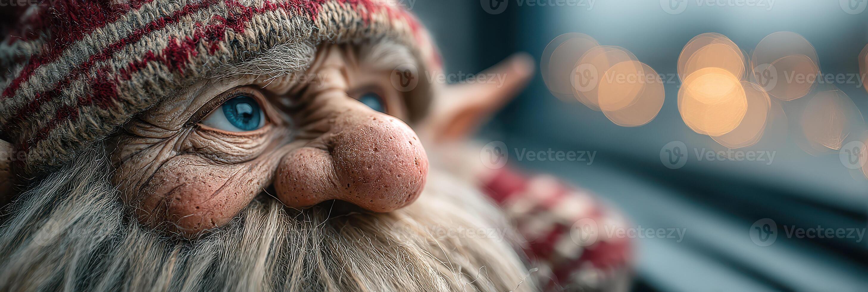 Whimsical with blue eyes, a detailed elf figure gazes out the window during twilight photo