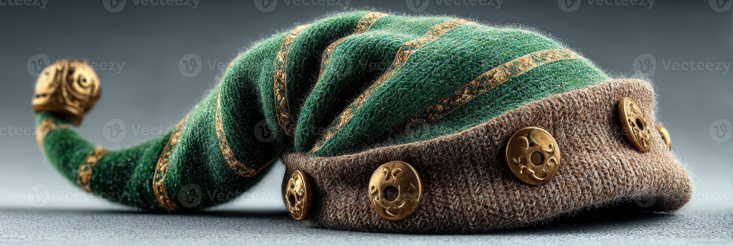 Festive green and brown elf hat with decorative buttons and golden bells on display photo