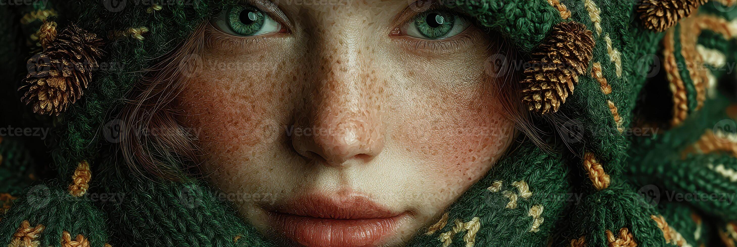 Girl with green eyes and freckles wearing a knitted scarf adorned with pine cones in a nature-inspired setting photo