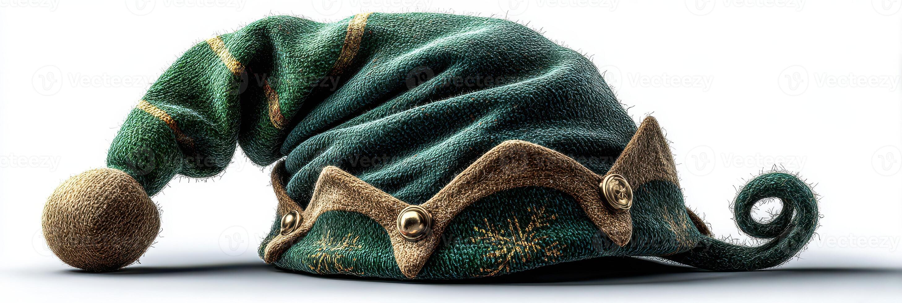 Unique green elf hat with a playful curl and gold embellishments displayed against a bright background photo