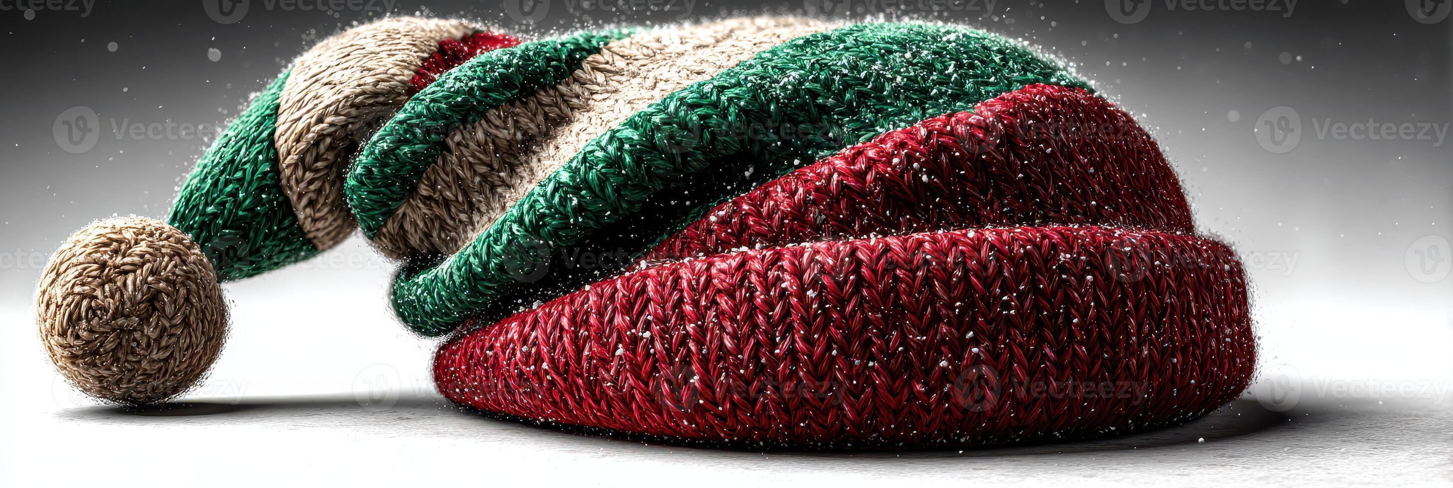 Colorful knitted Christmas hat lying on a surface with a hint of snowflakes scattered around photo
