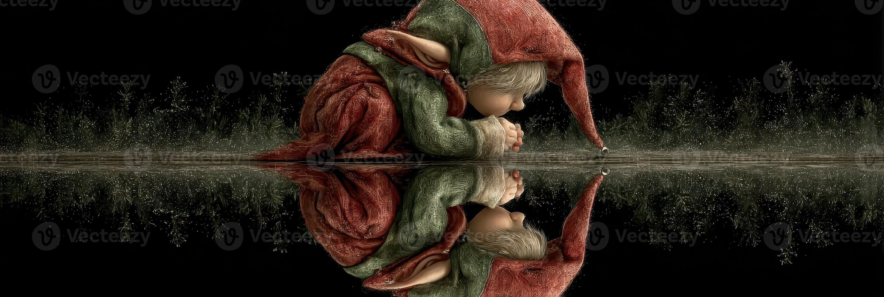 Childlike figure kneeling by a reflective surface in a whimsical forest setting during twilight hours photo