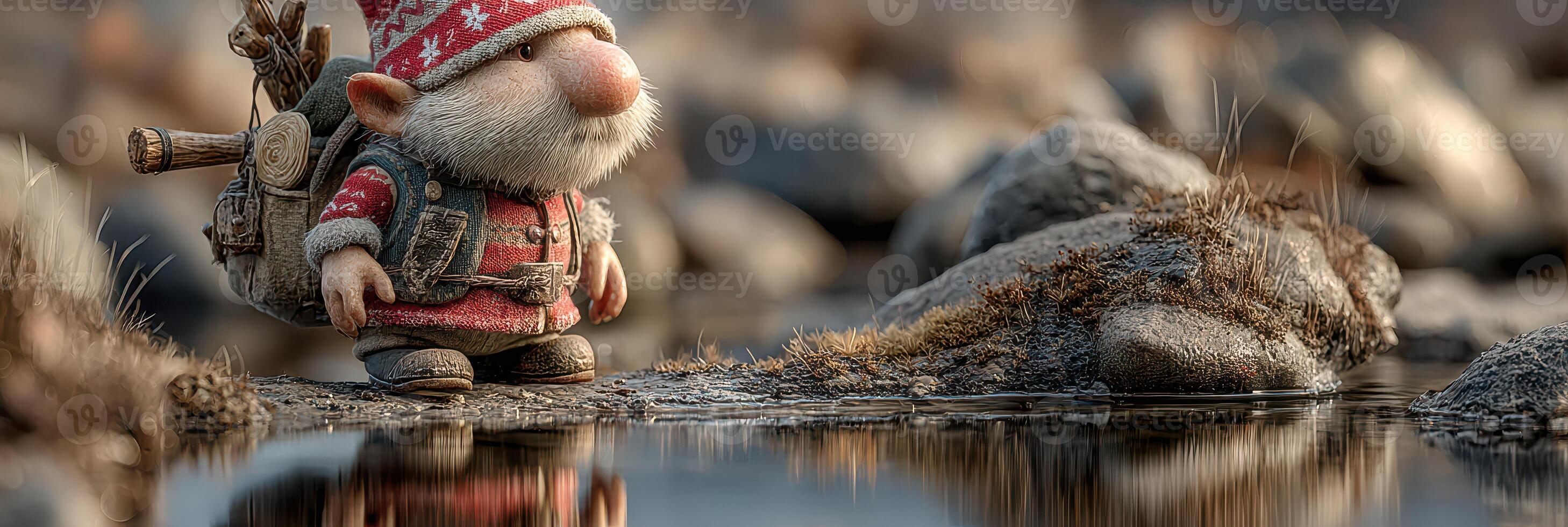 Small gnome exploring a serene riverbank during the early morning light in a tranquil natural setting photo