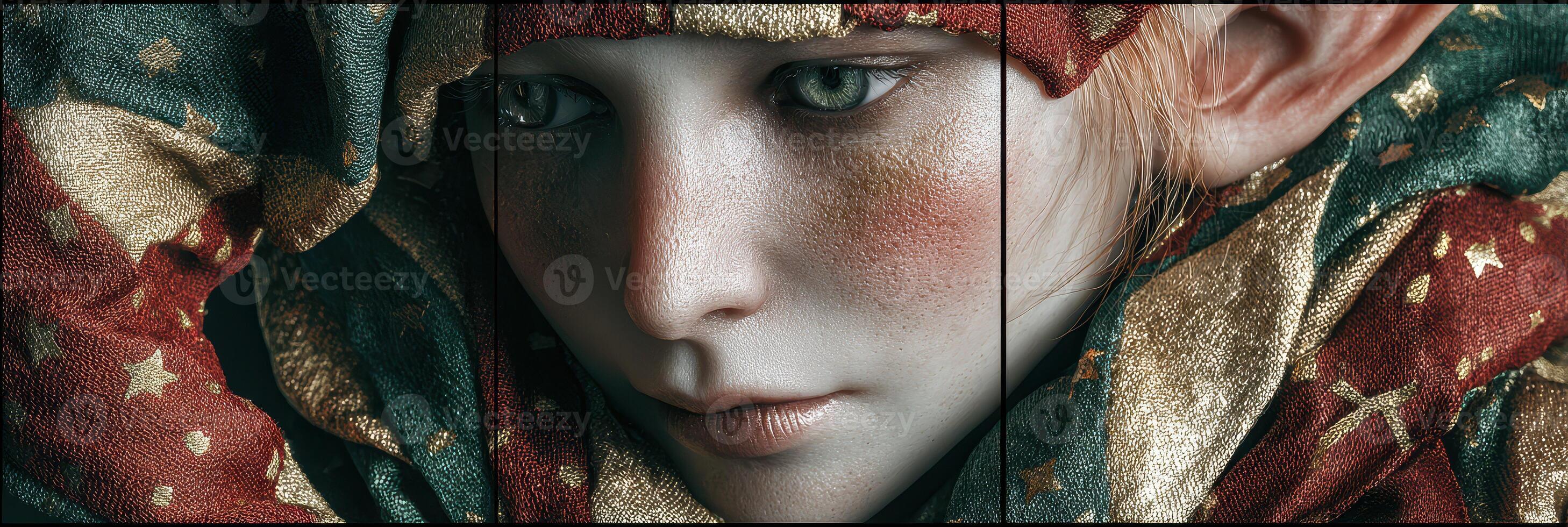Captivating portrait of a fantasy character in intricate fabric under soft lighting photo