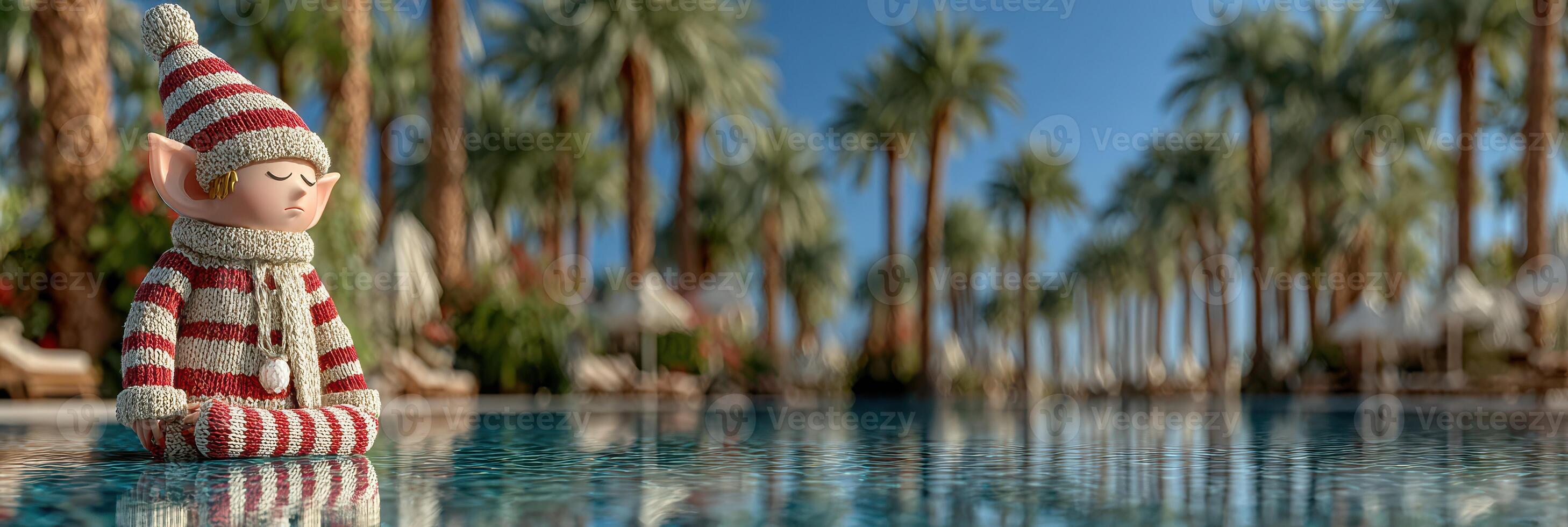 Cozy elf statue meditates by the serene pool surrounded by palm trees under clear blue skies photo