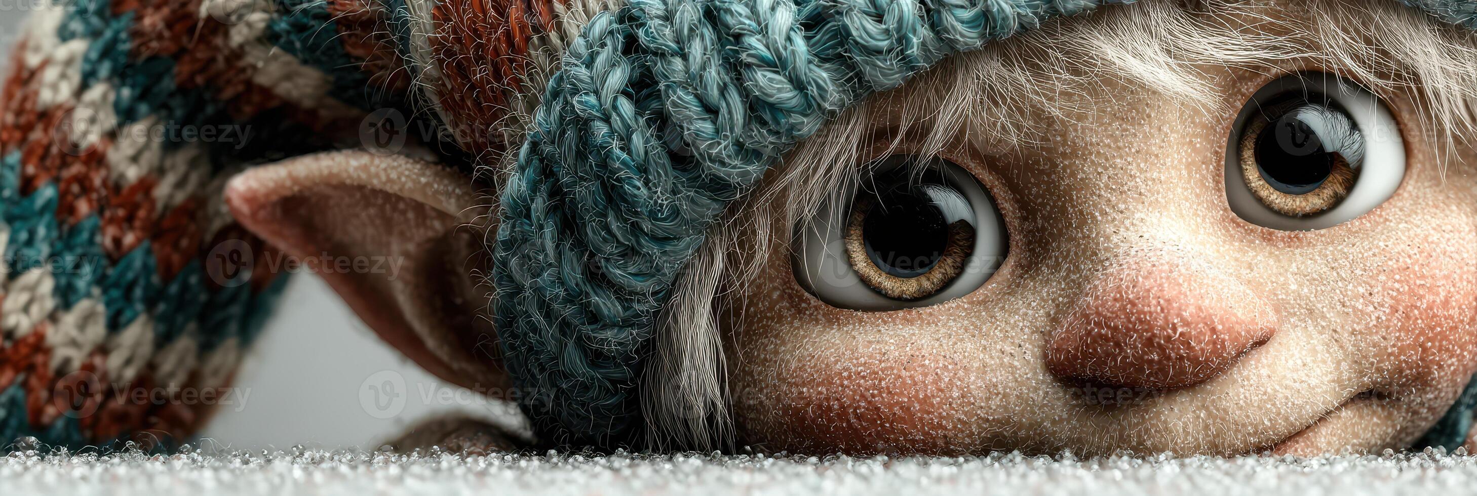 Charming elf character with big eyes wearing a cozy knit hat on a soft surface photo