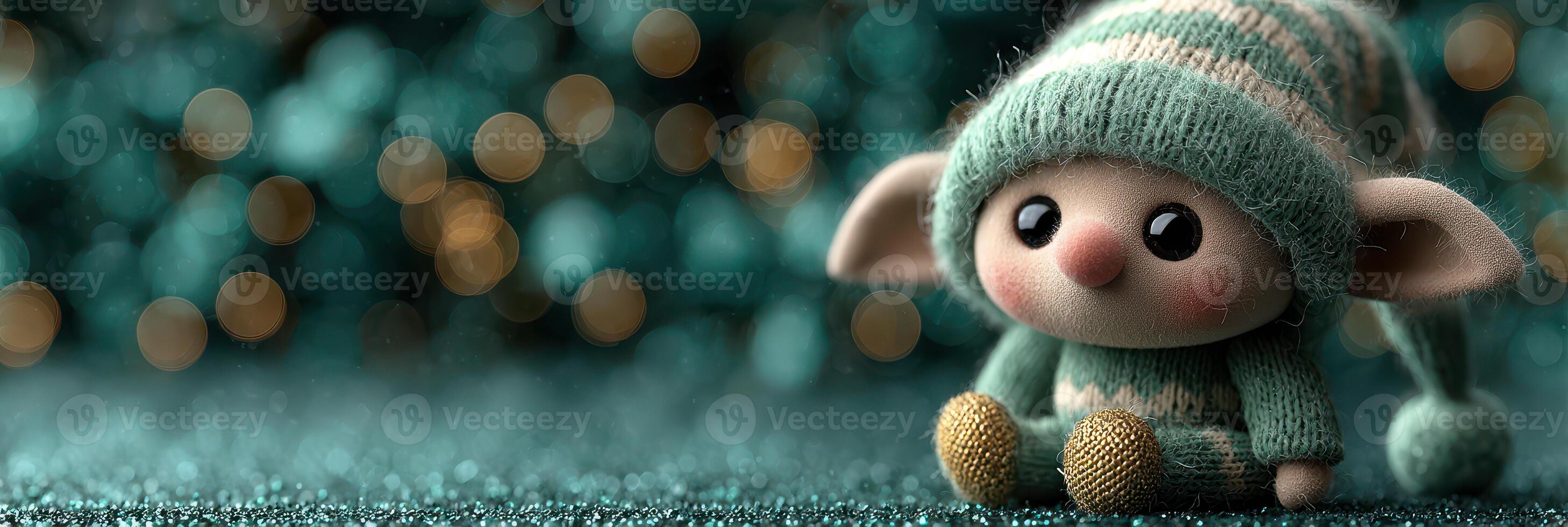 Cute elf doll with big ears sitting against a sparkling teal background during a festive season photo