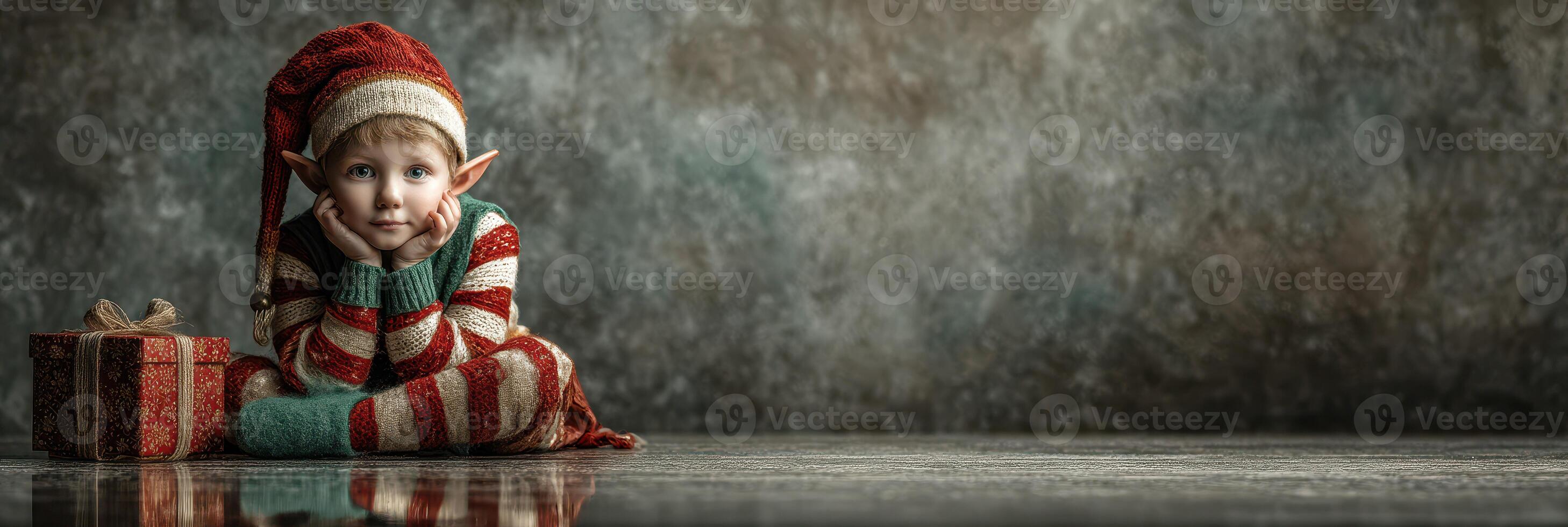 Child dressed as a festive elf poses with a gift in a cozy indoor setting during the holiday season photo