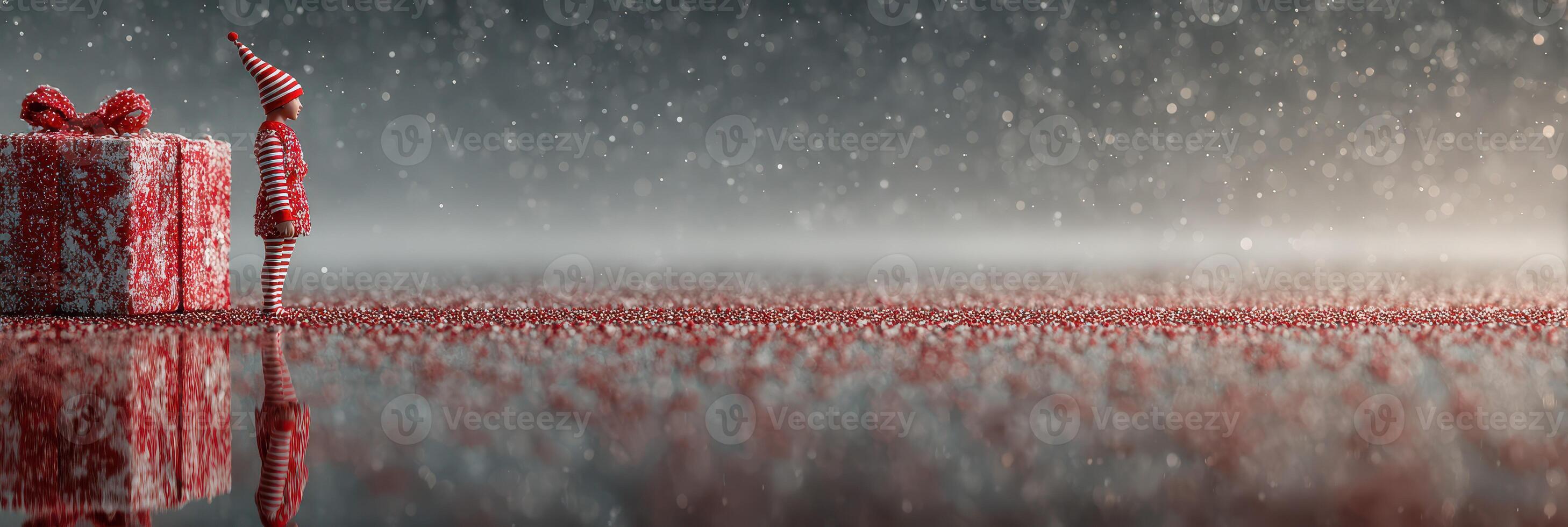 Child stands in front of a large gift in a snowy landscape during winter festivities photo