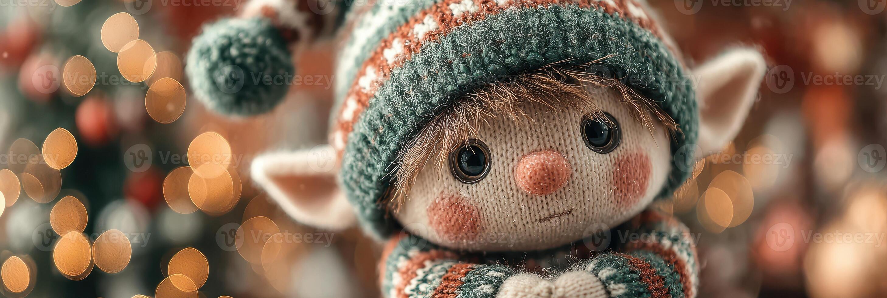 Cute handmade elf doll wearing a knitted hat poses against a festive background sparkling with lights photo