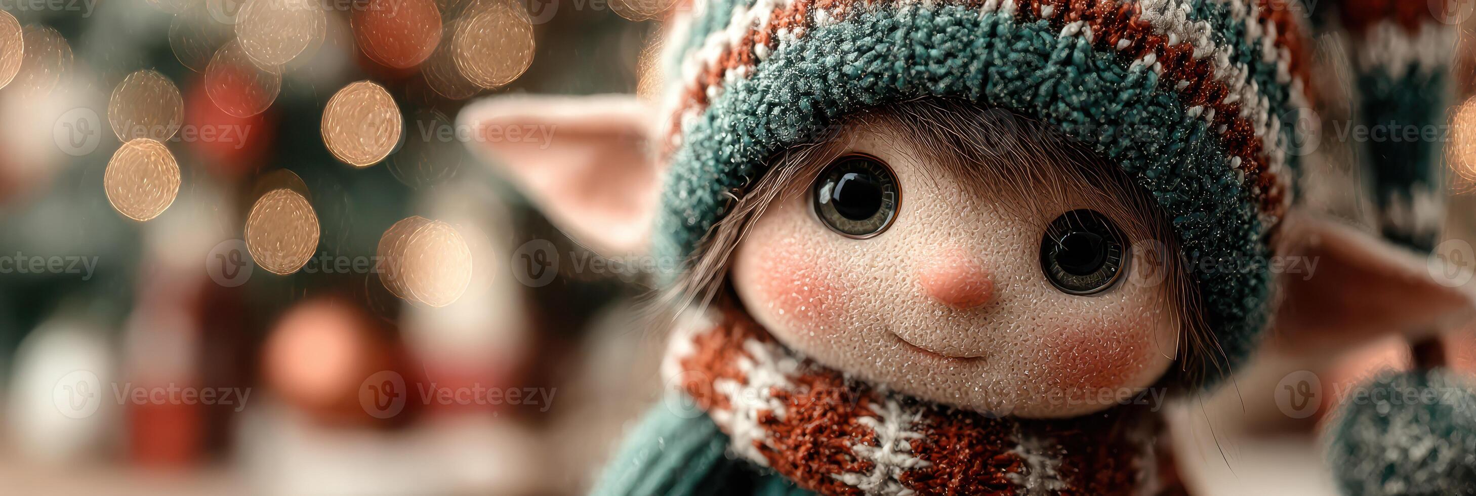 Charming holiday elf doll wearing a colorful knitted hat and scarf in a festive setting with blurred lights photo